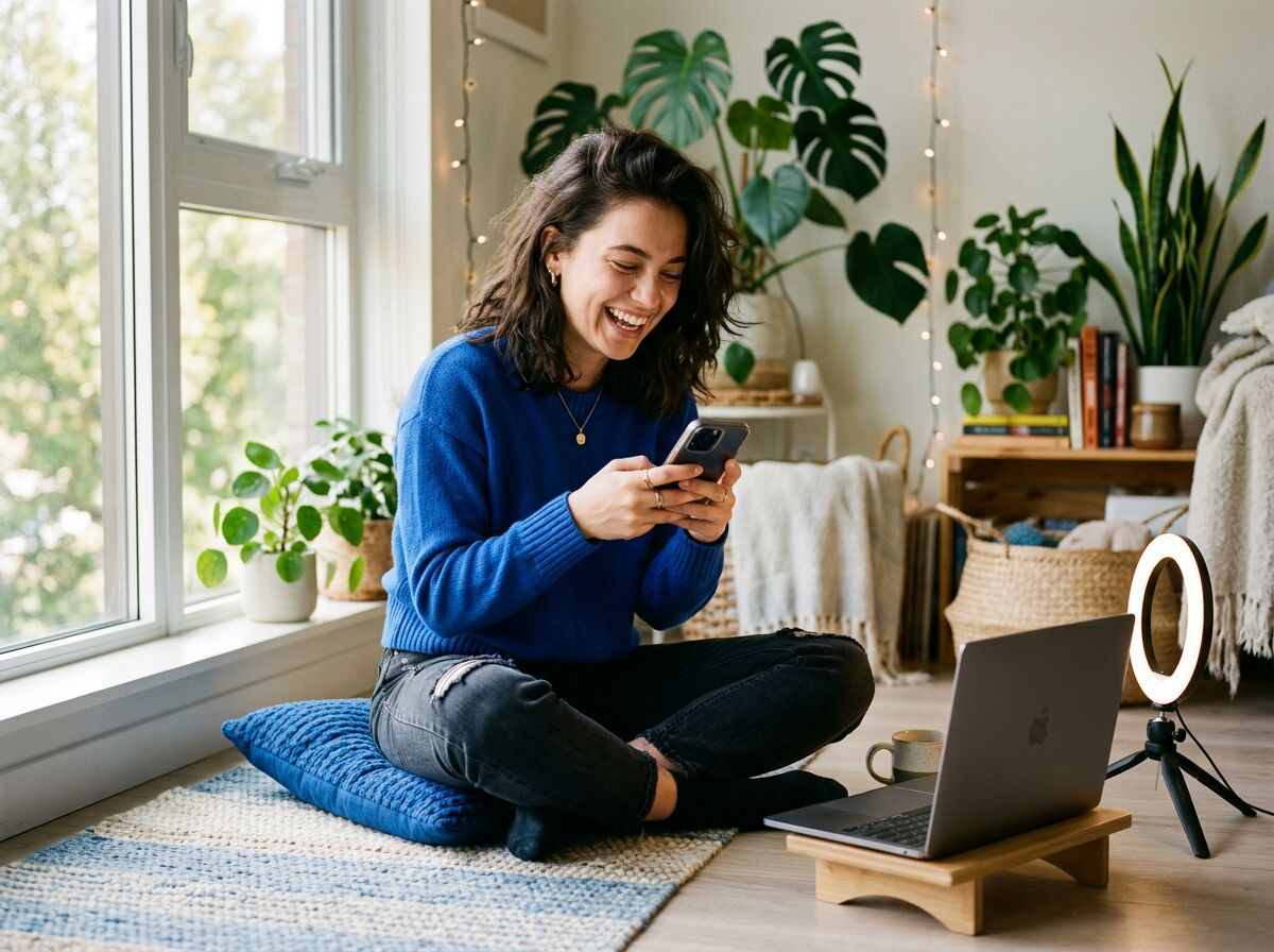 A creator laughing at her phone, sitting on the floor of a bright apartment with plants